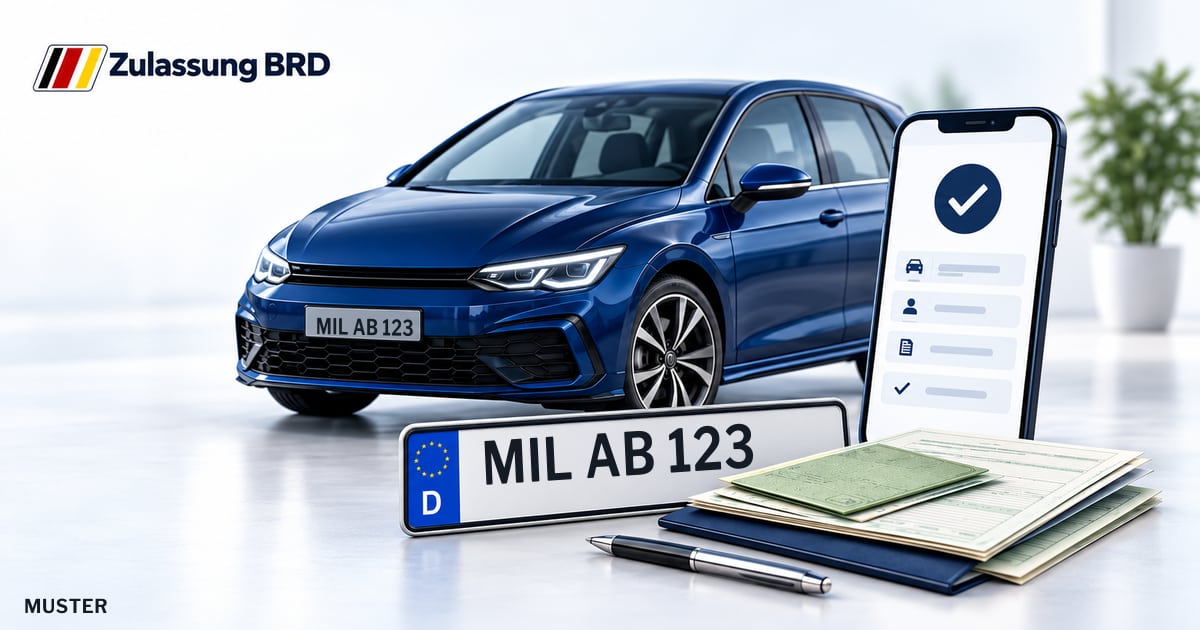 Online Fahrzeugzulassung in Landkreis Miltenberg: Musterkennzeichen MIL AB 123, Auto und Fahrzeugpapiere und Smartphone. Illustration mit Logo von Zulassung BRD.